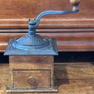 Gorgeous Antique Coffee Grinder -- 1800's Dovetail and Cast Iron Detailing