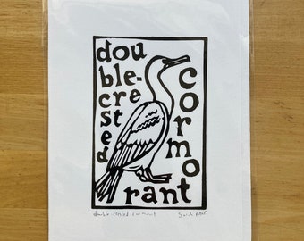 Beach Birds: Double-crested Cormorant Original Linocut Print