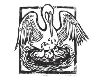 Digital Download- "Pelican in Her Piety" Linocut Image