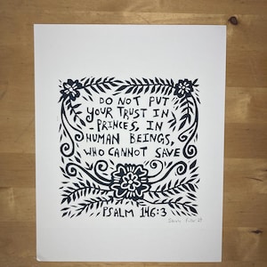 Psalm Scripture Quote “Do not put your trust in princes” linocut print