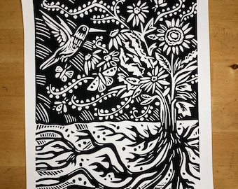 Gift - with Hummingbirds and Flowers - Original Linocut Print
