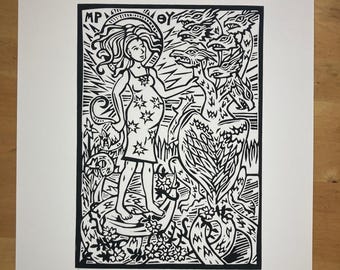 Mary of the Apocalypse Original Linocut Print