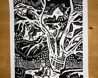 Rest - with Oak Tree and Reader - Original Linocut Print