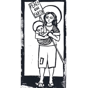 Puede incluir: Ilustración en blanco y negro de una mujer sosteniendo un niño y un cartel que dice "Peace on Earth".