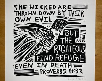 Proverbs 14:32 Hummingbird Original Linocut Print