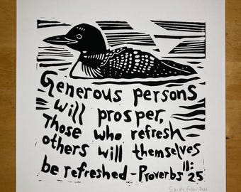 Proverbs 11:25 Loon Original Linocut Print