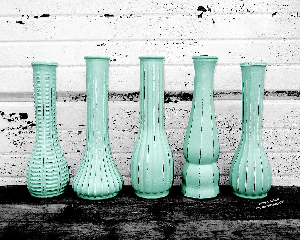 One Mint Green Vase 9 Tall Painted Distressed Glass Bud Etsy