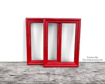 Set of Two Red 5 x 7 Picture Frames 5 by 7 Bright Glossy Cherry Red Slightly Distressed Shabby Chic Rustic Painted 5x7 Shiny Picture Frame