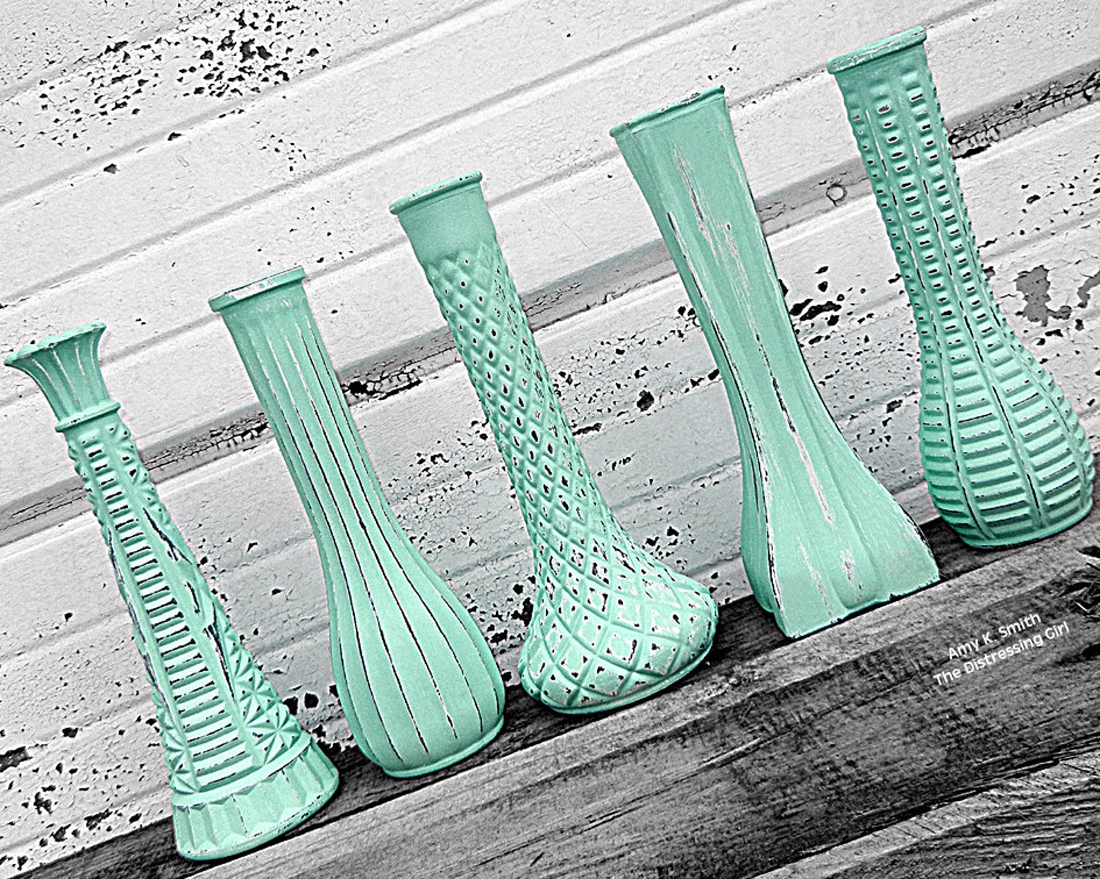 One Mint Green Vase 9 Tall Painted Distressed Glass Bud Etsy
