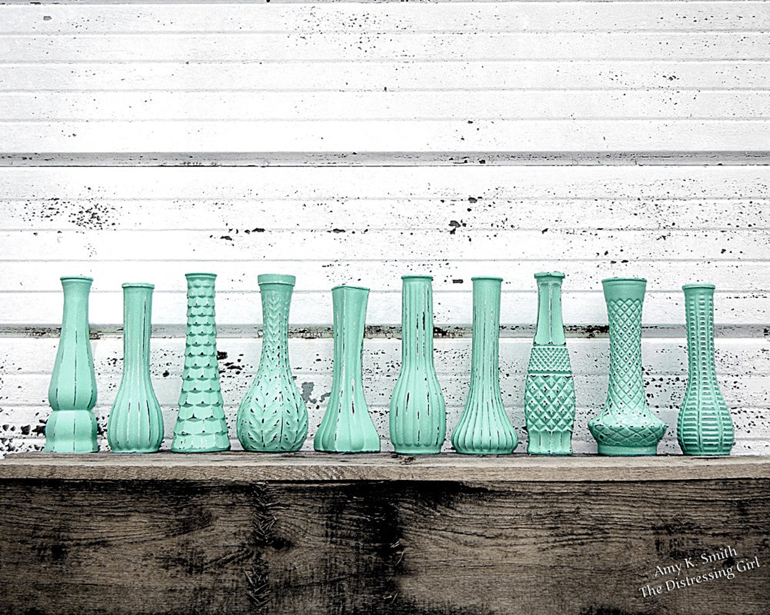 One Mint Green Vase 9 Tall Painted Distressed Glass Bud Etsy