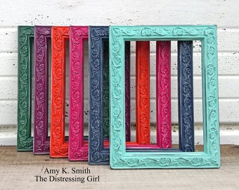 8 x 12 Ornate Picture Frame Sweet Thin Flower Frame Painted Distressed in the color you choose - Navy Yellow Red Gold Peach Mint Aqua Gray