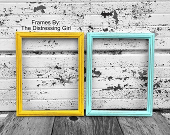 ONE Aqua Mint blue and One Bright Yellow 8 x 10 Wooden Picture Frames Wood Distressed Rustic Frame w/ Glass Backing and hook 8x10