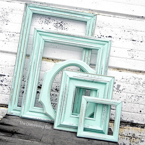 Mint Green Brown and White Frame Set - 10 Mixed Picture Frames Painted Distressed - Light Minty Gallery  - Instant Frame Collection