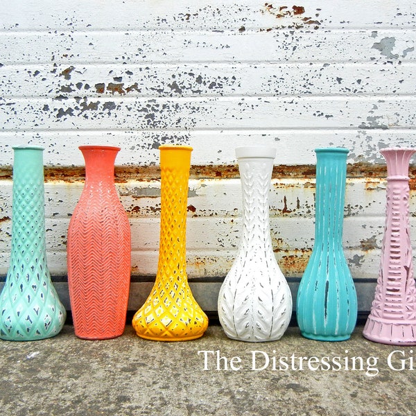 8 Vases 9" Tall Glass Bud Vases Painted and Distressed in The colors you choose Vintage Shabby Chic Gift for her thinking of you gift