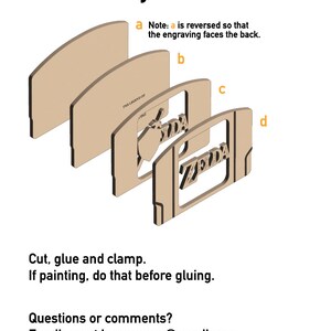 May include: Diagram showing the assembly steps for a wooden Nintendo cartridge holder. The holder is shaped like a Nintendo cartridge and features the words "The Legend of Zelda" on the front. The diagram shows four pieces of wood that need to be glued together. The instructions say to cut, glue, and clamp the pieces together. The instructions also say to paint the pieces before gluing them together.