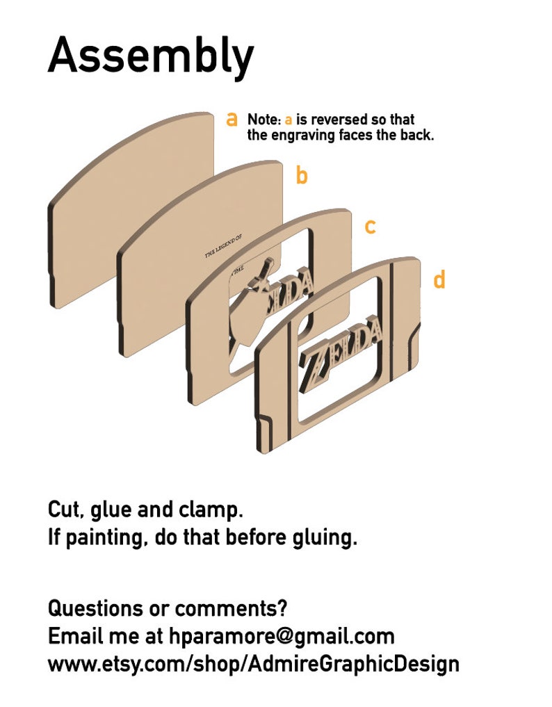 May include: Diagram showing the assembly steps for a wooden Nintendo cartridge holder. The holder is shaped like a Nintendo cartridge and features the words "The Legend of Zelda" on the front. The diagram shows four pieces of wood that need to be glued together. The instructions say to cut, glue, and clamp the pieces together. The instructions also say to paint the pieces before gluing them together.
