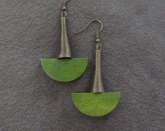 Green wooden and bronze Afrocentric dangle earrings, mid century modern earrings, African earrings, bold statement, unique chartreuse