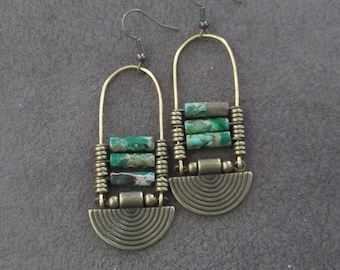 Imperial jasper earrings, green tribal chandelier earrings, unique ethnic earrings, modern Afrocentric earrings, boho chic earrings