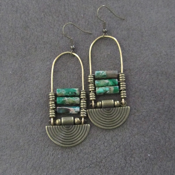 Imperial jasper earrings, green tribal chandelier earrings, unique ethnic earrings, modern Afrocentric earrings, boho chic earrings