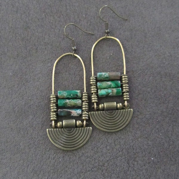 Green Imperial Jasper Chandelier Earrings: Tribal Boho Style