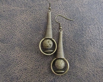 Druzy earrings, mid century modern earrings, Brutalist earrings, long minimalist earrings, unique artisan bronze earrings, geometric 2