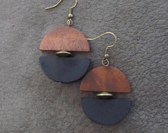 Two toned wood and brass dangle earrings, geometric earrings, Afrocentric jewelry, African earrings, mid century modern earrings