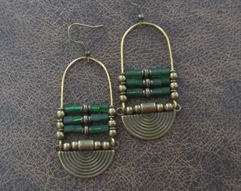 Bronze ethnic green frosted glass earrings