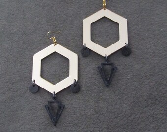 Large gold minimalist earrings, hexagon earrings, mid century modern Brutalist earrings, statement earrings, unique geometric earrings