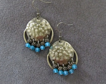 Teal frosted glass and hammered bronze chandelier earrings