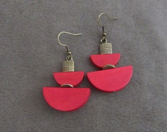 Red geometric earrings, wood earrings, mid century modern earrings, Art Deco earrings, bold statement, unique earrings, artisan earrings 2