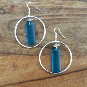 Silver hoop and blue frosted glass earrings image 1