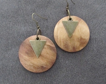 Natural wood earrings, minimalist earrings, boho bohemian earrings, geometric earrings, antique bronze mid century modern earrings