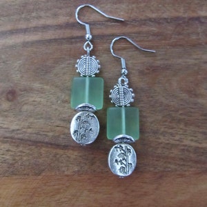 Green sea glass and silver earrings