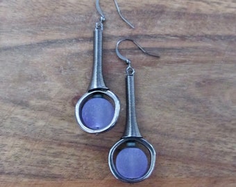 Mid century modern earrings lavender frosted glass and gunmetal earrings