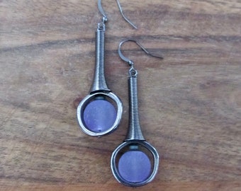 Mid century modern earrings lavender frosted glass and gunmetal earrings