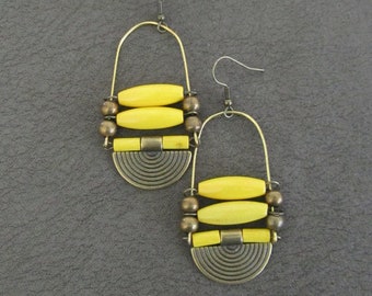Afrocentric yellow earrings, wooden chandelier earrings