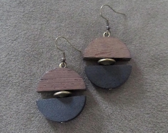 Two-Toned Wooden Dangle Earrings: Geometric Afrocentric Jewelry