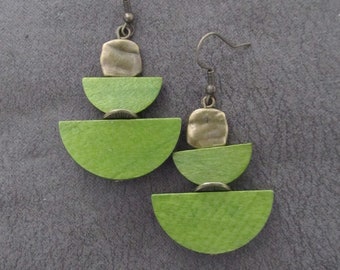 Green wooden and bronze mid century modern earrings