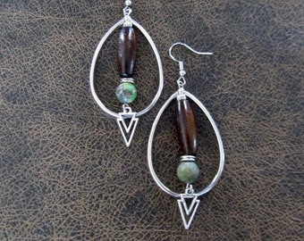 Teardrop hoop earrings, wood and jasper