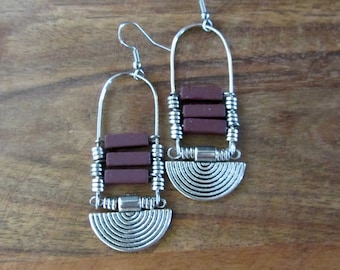 Burgundy and silver ethnic earrings