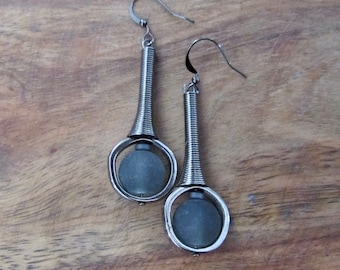 Mid century modern earrings gray frosted glass and gunmetal earrings