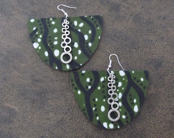 Oversized Ankara print fabric and wooden earrings, semicircle, green