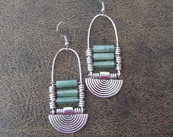 Chandelier earrings, green stone and silver, ethnic statement earrings, chunky bold earrings, bohemian boho chic earrings, artisan earrings