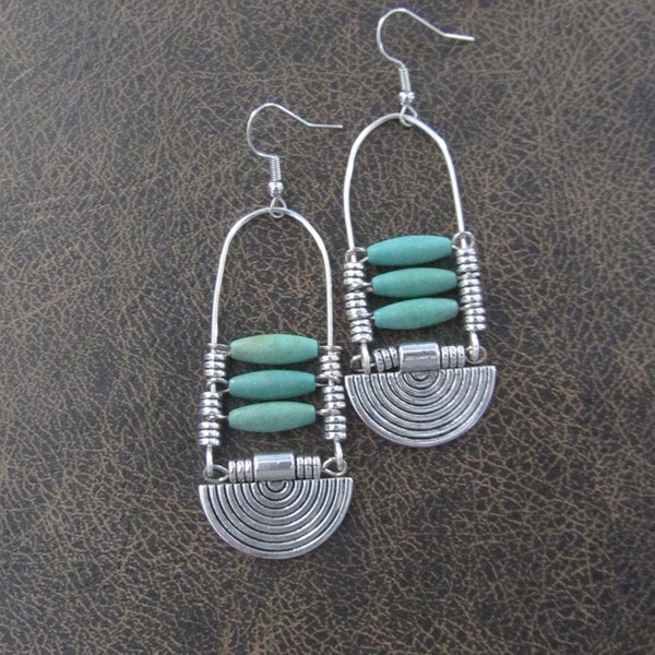 Afrocentric earrings, Teal and silver rustic ethnic earrings, tribal earrings, boho earrings, bold statement, bohemian, mid century modern