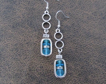 Sea glass earrings, bohemian earrings, beach earrings, blue dangle earrings, artisan ethnic earring, simple chic