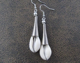 Cowrie shell earrings, silver African Afrocentric earrings