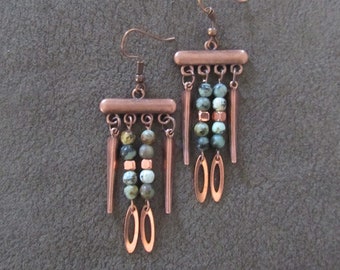 Jasper and copper ethnic chandelier earrings, blue