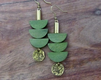 Wood and gold mid century modern earrings, unique pagoda earrings, green