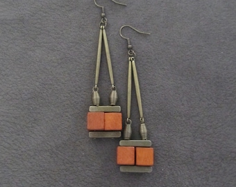 Geometric wooden earrings, bronze dangle earrings, Afrocentric jewelry, African earrings, orange earrings, mid century modern earrings
