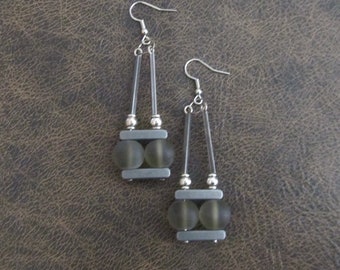 Mid century modern earrings, Brutalist earrings, minimalist earrings, gray unique artisan earrings, frosted sea glass earring, pewter